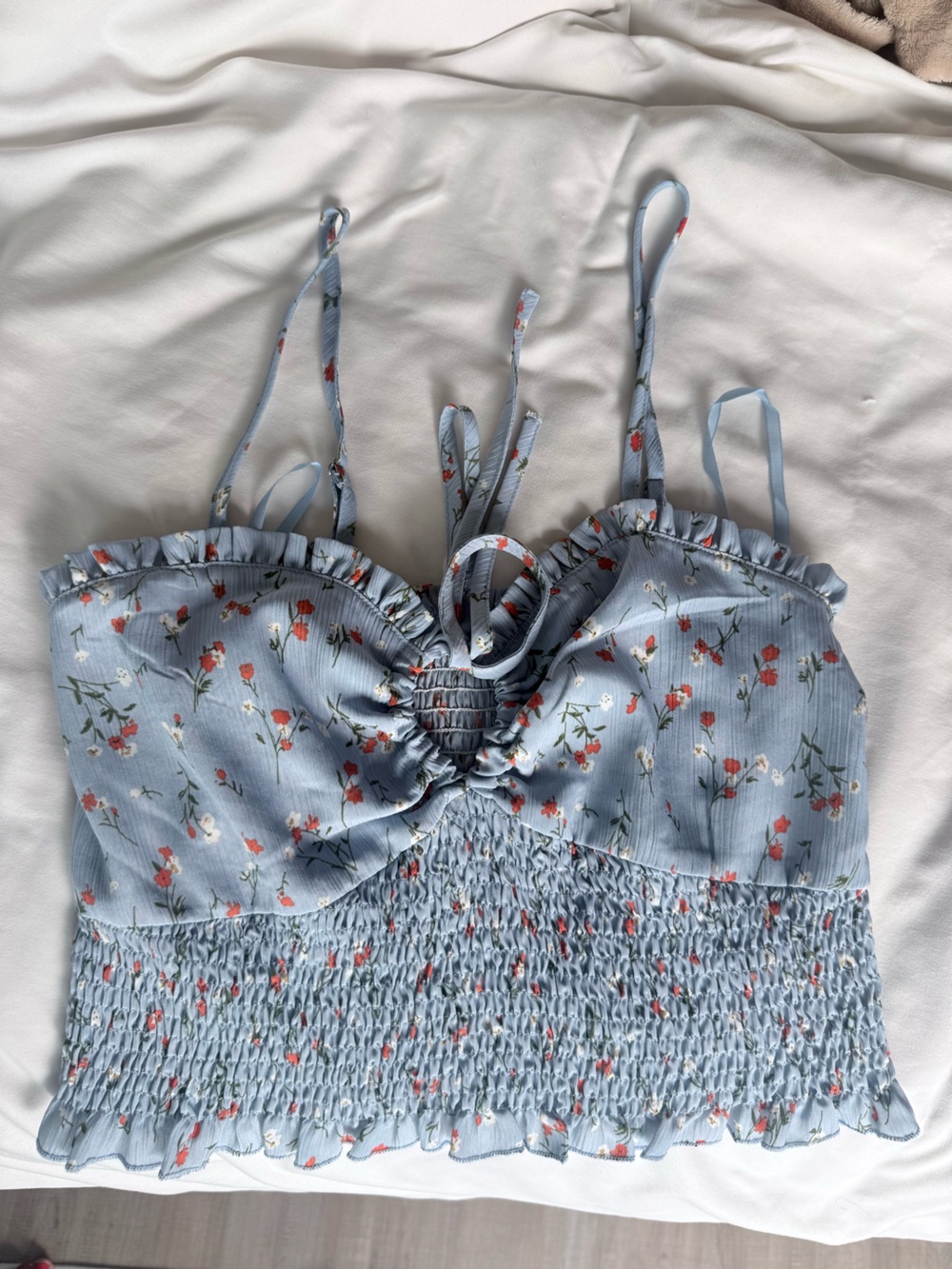 Light Blue Floral Shirred Crop Top